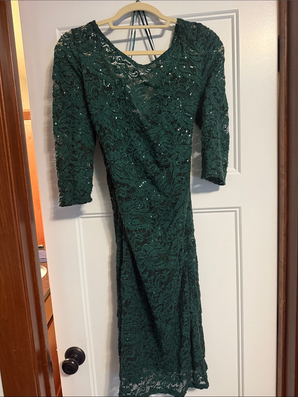 MARINA Size 12 Emerald Green Sequin Lace Ruched V Back Cocktail Dress
